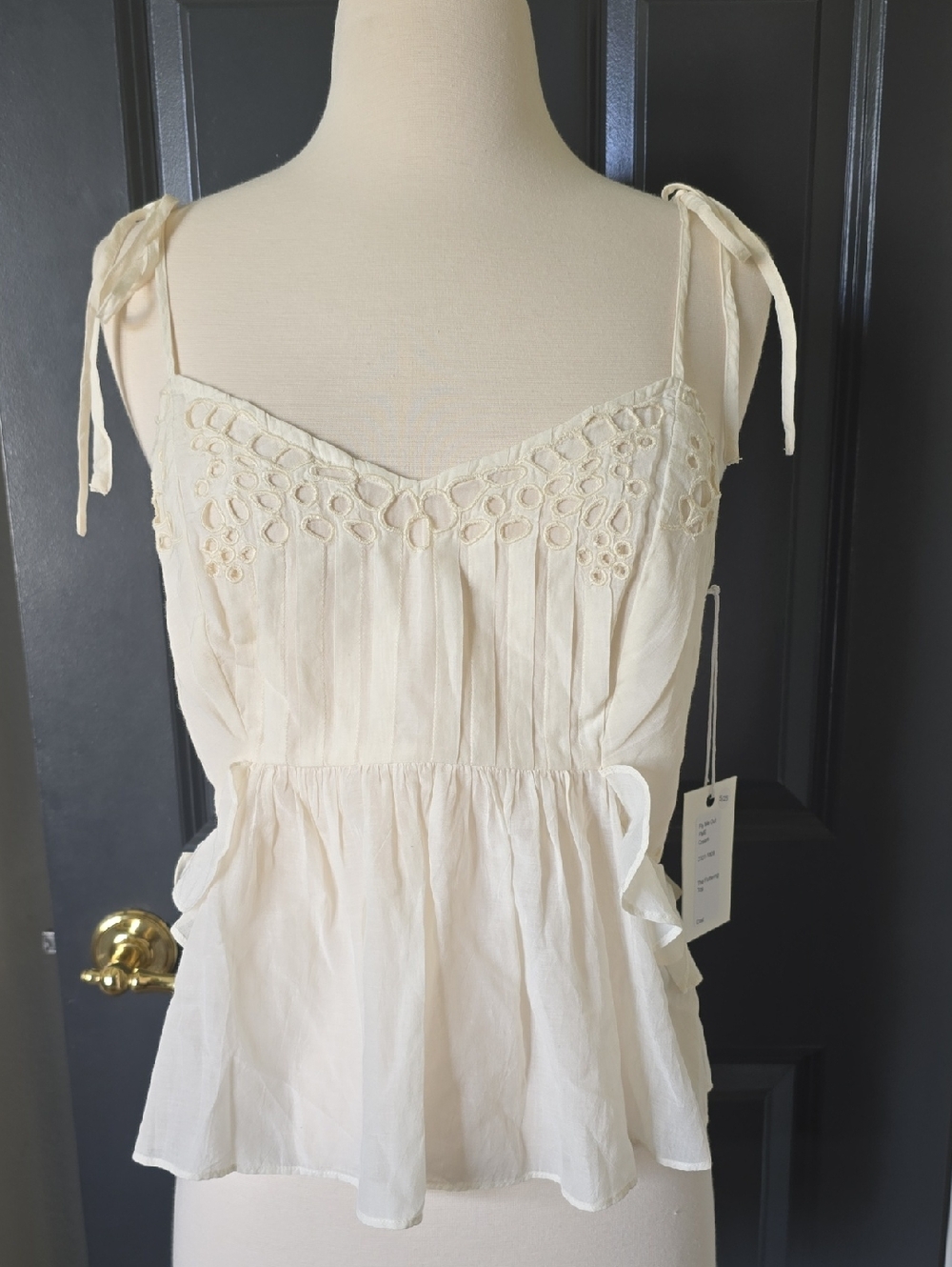 MOTHER FLY Me Out Cream Eyelet Tie-Shoulder Peplum Camisole